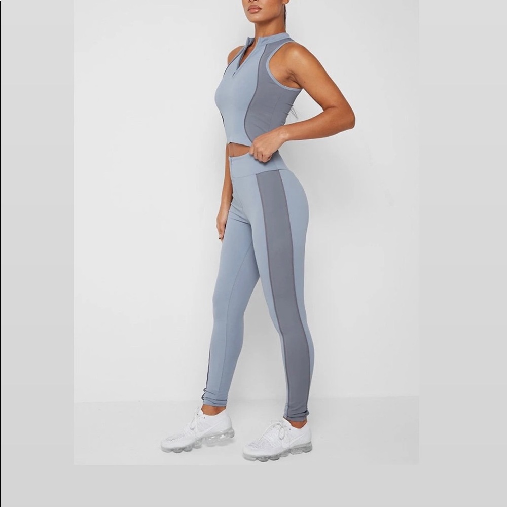 HIGH WAISTED PIPED FITNESS LEGGINGS - STEEL BLUE- YOGA, WORKOUT PANTS, S…